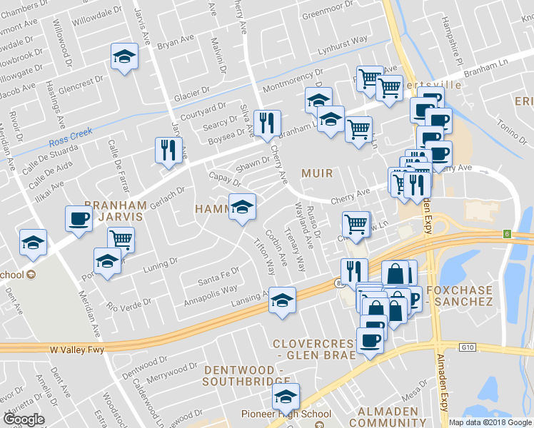 map of restaurants, bars, coffee shops, grocery stores, and more near 4961 Corbin Avenue in San Jose