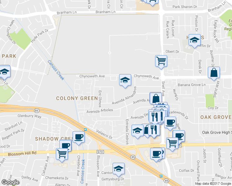 map of restaurants, bars, coffee shops, grocery stores, and more near 367 Avenida Manzanos in San Jose