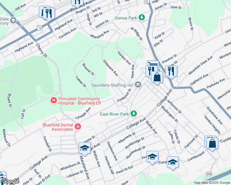 map of restaurants, bars, coffee shops, grocery stores, and more near 620 Lyndale Avenue in Bluefield