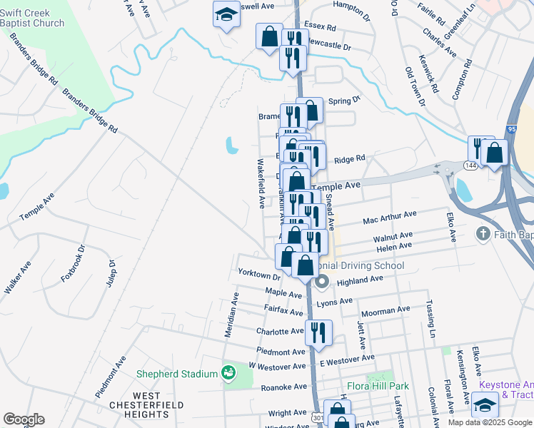 map of restaurants, bars, coffee shops, grocery stores, and more near 1901 Wakefield Avenue in Colonial Heights