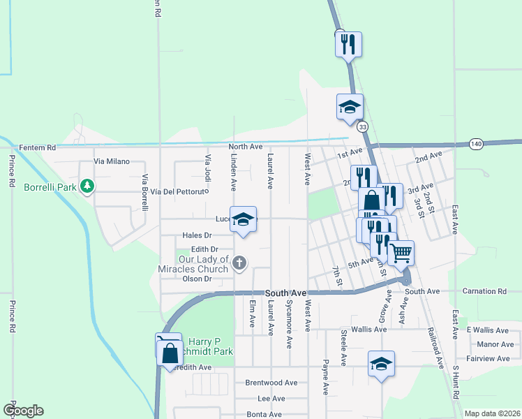 map of restaurants, bars, coffee shops, grocery stores, and more near 285 1/2 Laurel Avenue in Gustine