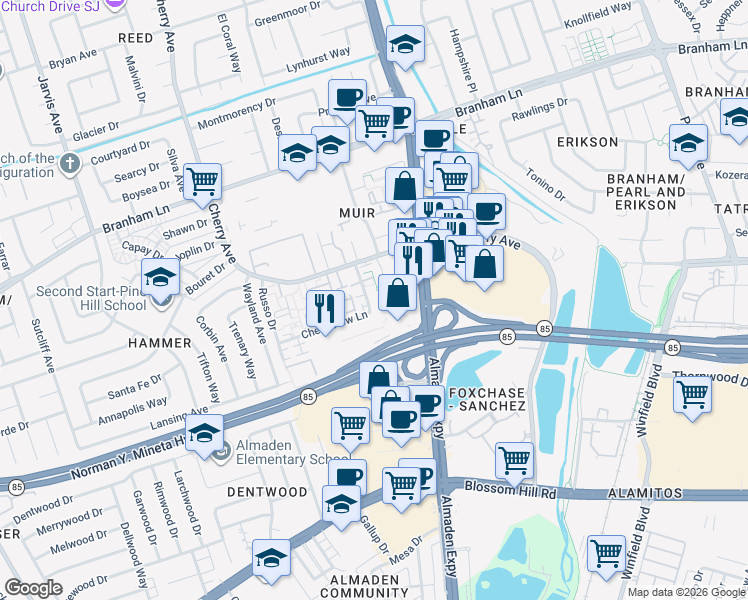 map of restaurants, bars, coffee shops, grocery stores, and more near 4576 Waterville Drive in San Jose