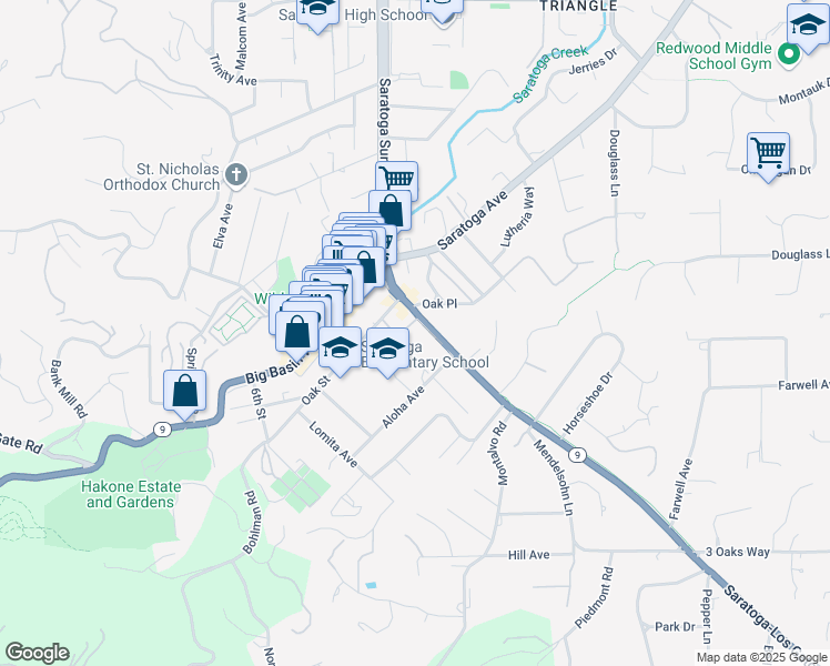 map of restaurants, bars, coffee shops, grocery stores, and more near 20400 Los Gatos-Saratoga Road in Saratoga