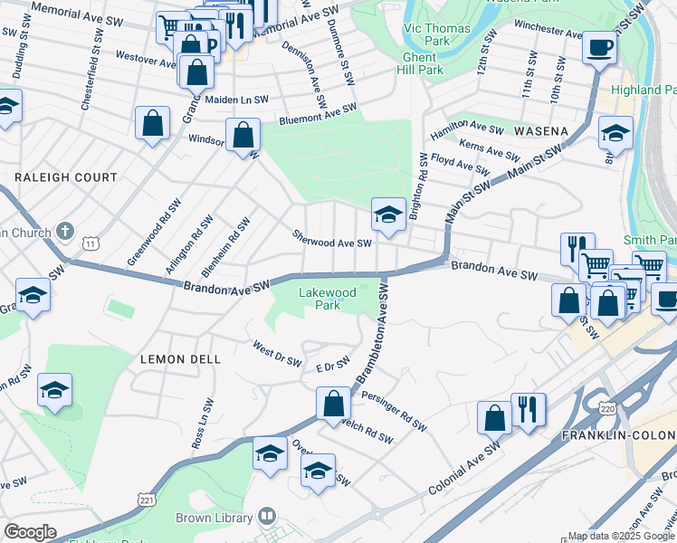 map of restaurants, bars, coffee shops, grocery stores, and more near 1928 Warrington Road Southwest in Roanoke