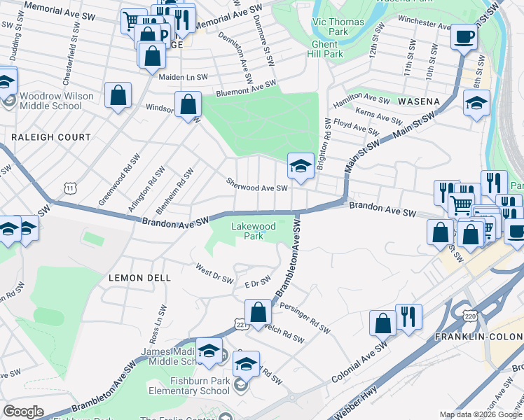 map of restaurants, bars, coffee shops, grocery stores, and more near 1928 Warrington Road Southwest in Roanoke