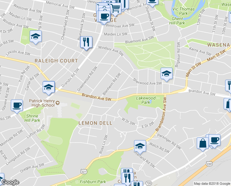 map of restaurants, bars, coffee shops, grocery stores, and more near 1608 Terrace Road Southwest in Roanoke