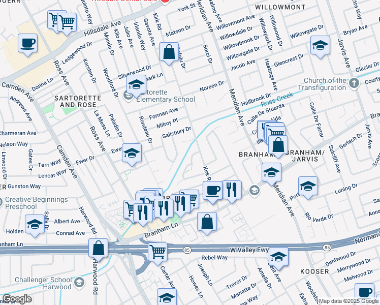 map of restaurants, bars, coffee shops, grocery stores, and more near 1637 Swangate Way in San Jose