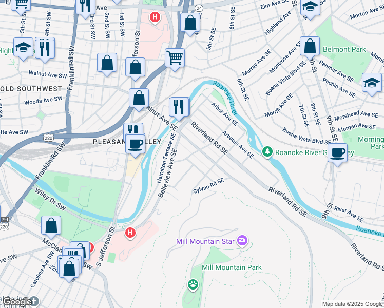 map of restaurants, bars, coffee shops, grocery stores, and more near 1216 Laurel Street Southeast in Roanoke