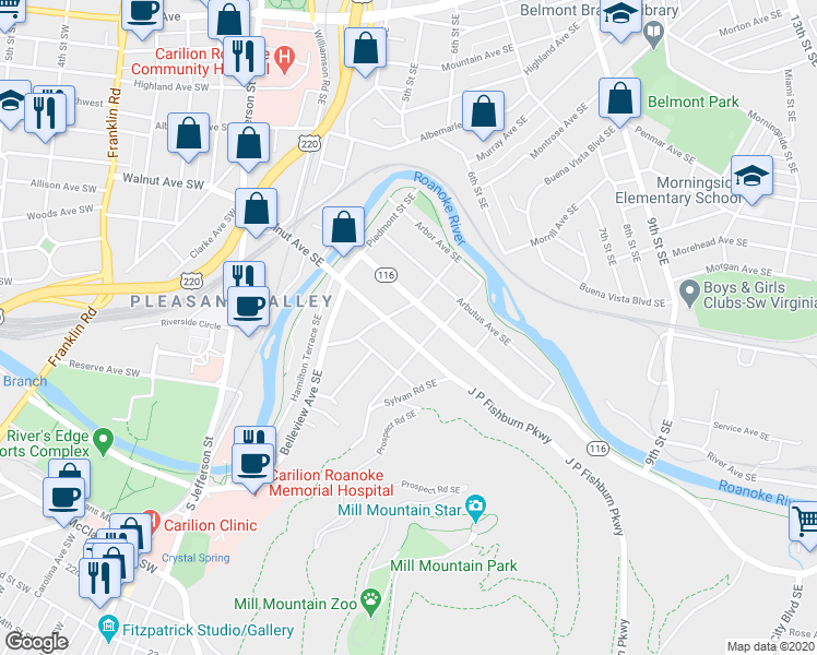 map of restaurants, bars, coffee shops, grocery stores, and more near 522 Walnut Ave SE in Roanoke
