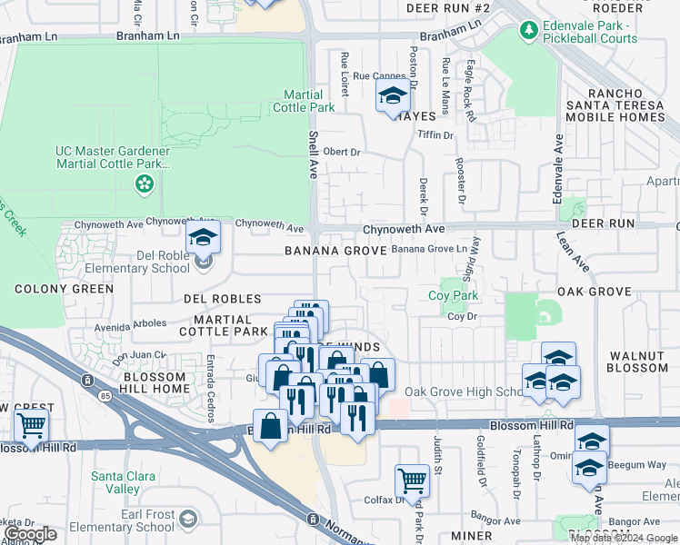 map of restaurants, bars, coffee shops, grocery stores, and more near 5330 Wong Drive in San Jose