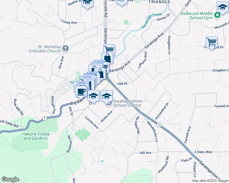 map of restaurants, bars, coffee shops, grocery stores, and more near 20400 Saratoga-Los Gatos Road in Saratoga
