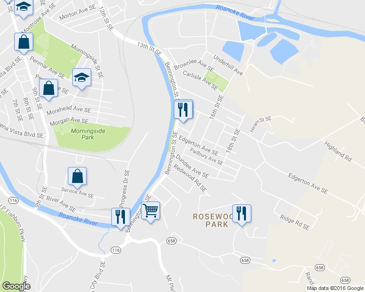 map of restaurants, bars, coffee shops, grocery stores, and more near 1811 Jerome Street Southeast in Roanoke