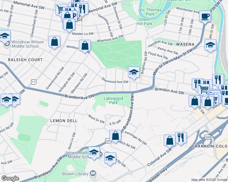 map of restaurants, bars, coffee shops, grocery stores, and more near 1928 Warrington Road Southwest in Roanoke
