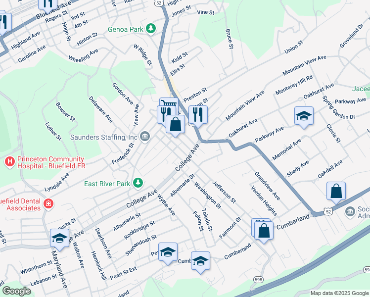 map of restaurants, bars, coffee shops, grocery stores, and more near 1800 Jefferson Street in Bluefield