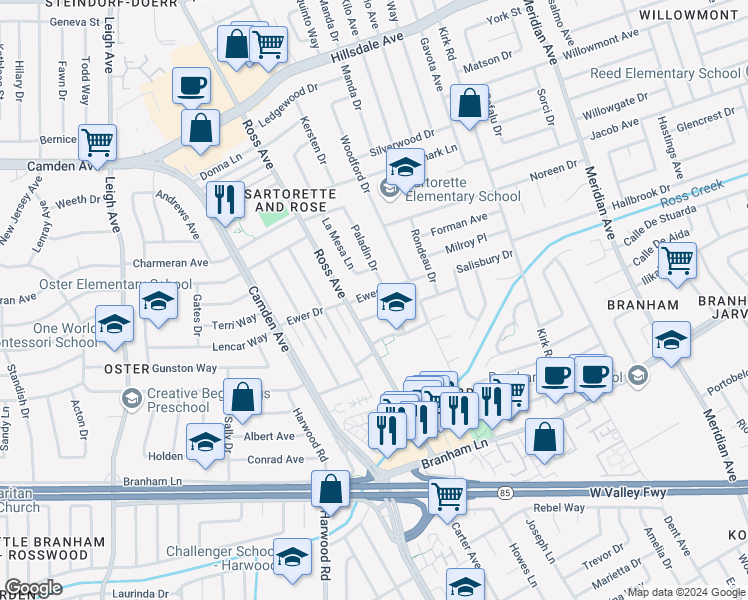 map of restaurants, bars, coffee shops, grocery stores, and more near 1732 Ewer Drive in San Jose