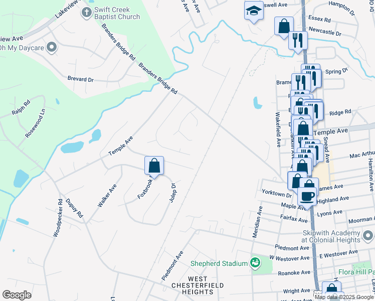 map of restaurants, bars, coffee shops, grocery stores, and more near 19409 Braebrook Drive in Ettrick