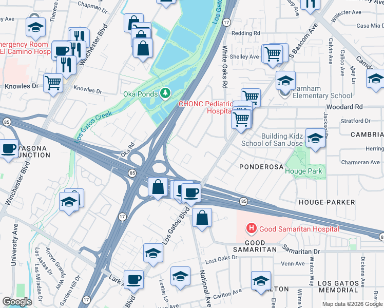 map of restaurants, bars, coffee shops, grocery stores, and more near Oak Tree Circle in Los Gatos