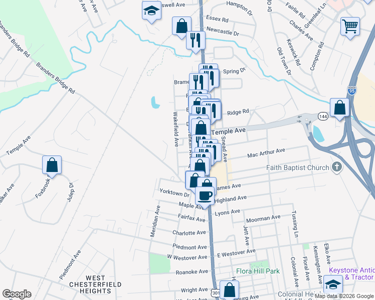 map of restaurants, bars, coffee shops, grocery stores, and more near 1901 Wakefield Avenue in Colonial Heights