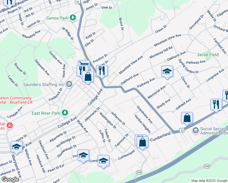 map of restaurants, bars, coffee shops, grocery stores, and more near 114 Lake Street in Bluefield