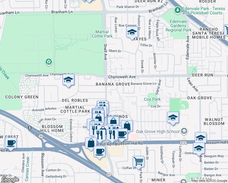 map of restaurants, bars, coffee shops, grocery stores, and more near 5330 Wong Drive in San Jose