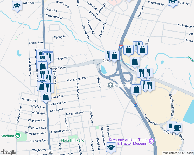 map of restaurants, bars, coffee shops, grocery stores, and more near 533 Mac Arthur Avenue in Colonial Heights