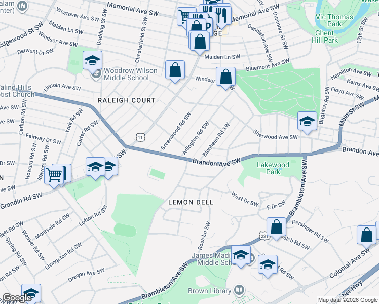 map of restaurants, bars, coffee shops, grocery stores, and more near 1906 Arlington Road Southwest in Roanoke