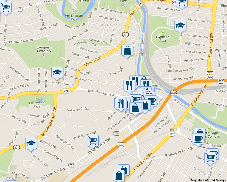 map of restaurants, bars, coffee shops, grocery stores, and more near 719 Brandon Ave SW in Roanoke