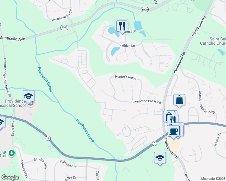 map of restaurants, bars, coffee shops, grocery stores, and more near 3516 Hunter's Ridge in Williamsburg