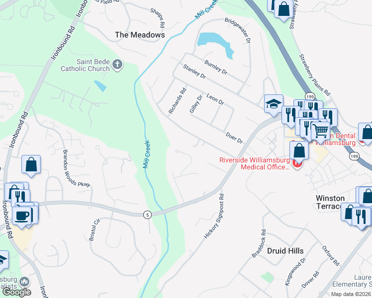 map of restaurants, bars, coffee shops, grocery stores, and more near 11 Foxcroft Road in Williamsburg