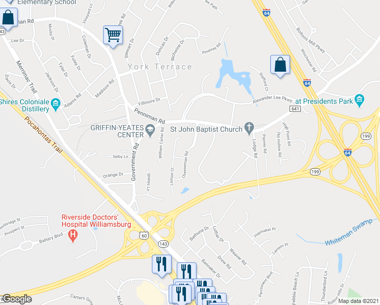 map of restaurants, bars, coffee shops, grocery stores, and more near 205 Cheeseman Road in Williamsburg