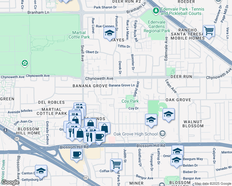map of restaurants, bars, coffee shops, grocery stores, and more near 5365 Mayten Grove Court in San Jose