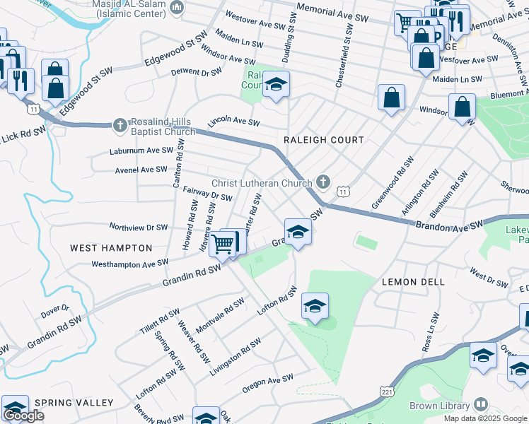 map of restaurants, bars, coffee shops, grocery stores, and more near 2106 Avenel Ave SW in Roanoke