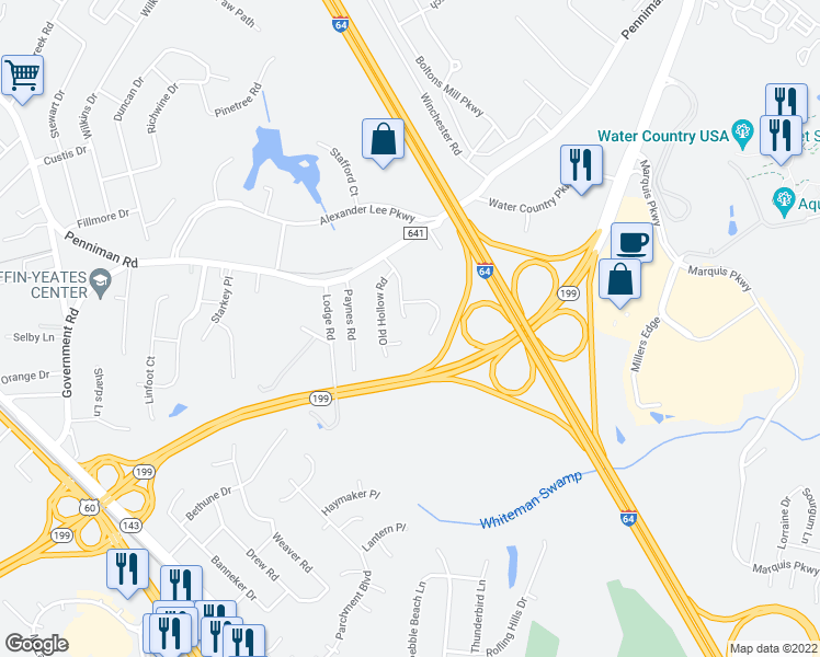 map of restaurants, bars, coffee shops, grocery stores, and more near 309 High Point Road in Williamsburg