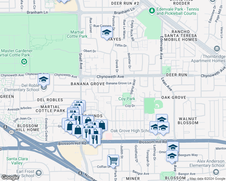 map of restaurants, bars, coffee shops, grocery stores, and more near 5365 Mayten Grove Court in San Jose