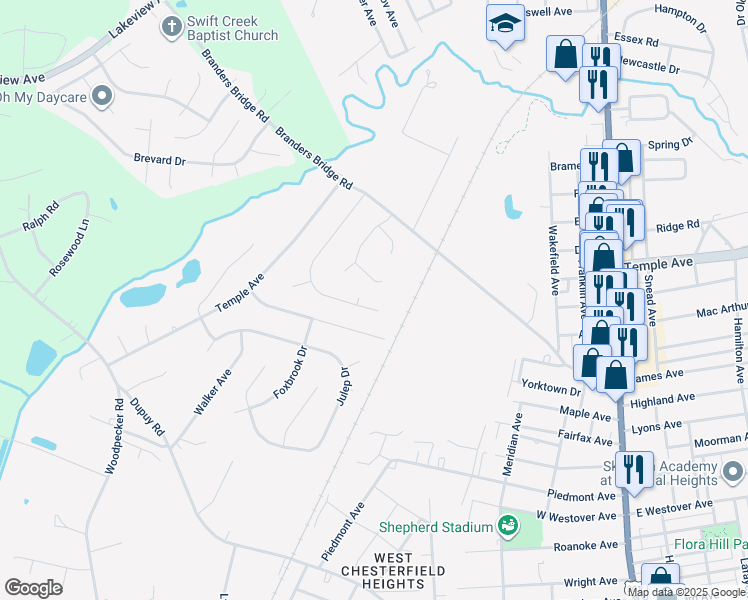 map of restaurants, bars, coffee shops, grocery stores, and more near 19409 Braebrook Drive in Ettrick