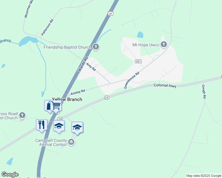 map of restaurants, bars, coffee shops, grocery stores, and more near 359 Anstey Road in Rustburg