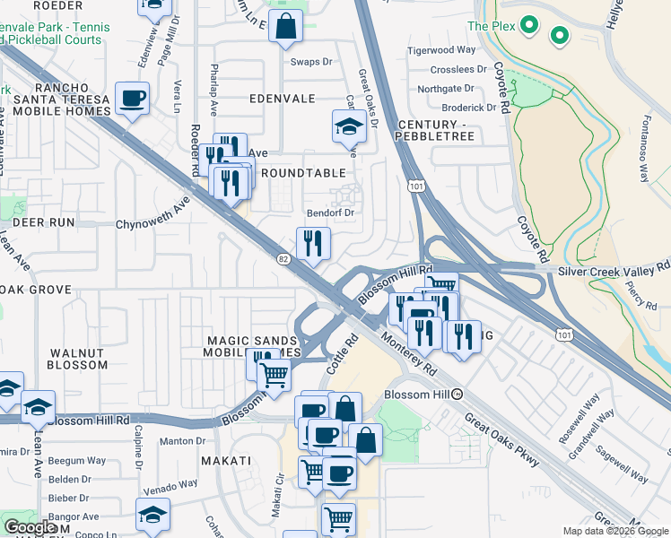 map of restaurants, bars, coffee shops, grocery stores, and more near 5450 Monterey Road in San Jose