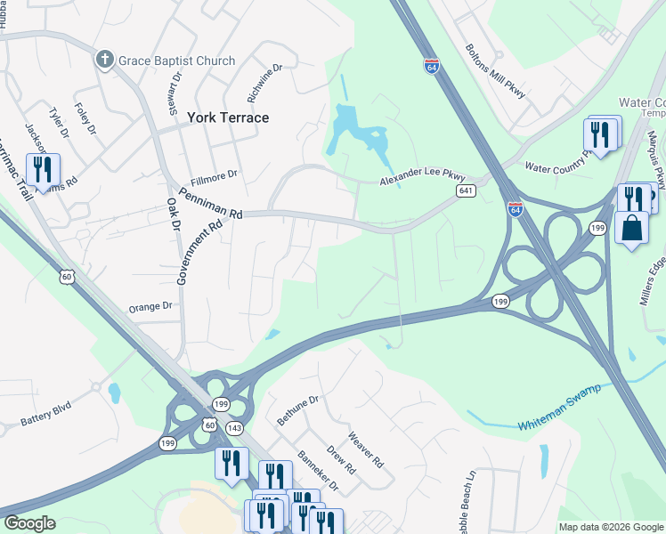 map of restaurants, bars, coffee shops, grocery stores, and more near 1339 Penniman Road in Williamsburg