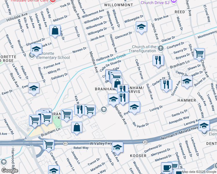 map of restaurants, bars, coffee shops, grocery stores, and more near 4550 Meridian Avenue in San Jose