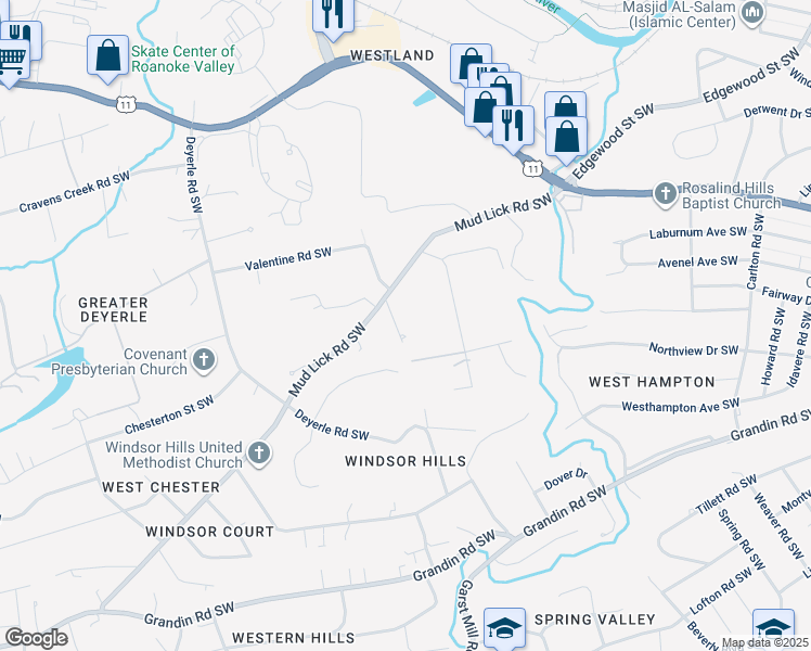 map of restaurants, bars, coffee shops, grocery stores, and more near 2030 Knollwood Road Southwest in Roanoke