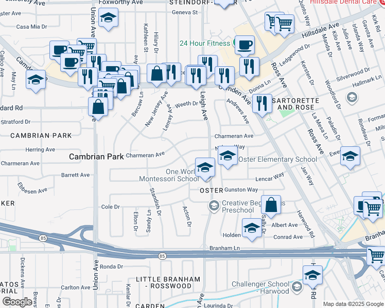 map of restaurants, bars, coffee shops, grocery stores, and more near 14558 Nelson Way in San Jose