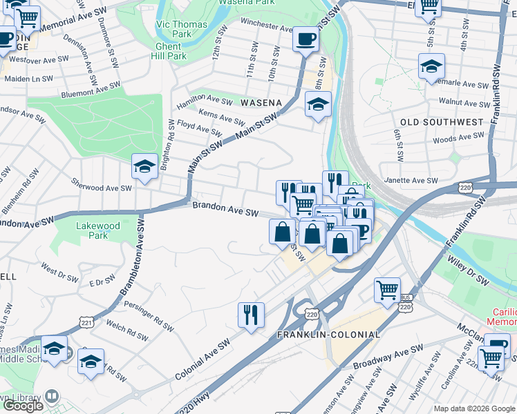 map of restaurants, bars, coffee shops, grocery stores, and more near 751 Brandon Ave SW in Roanoke