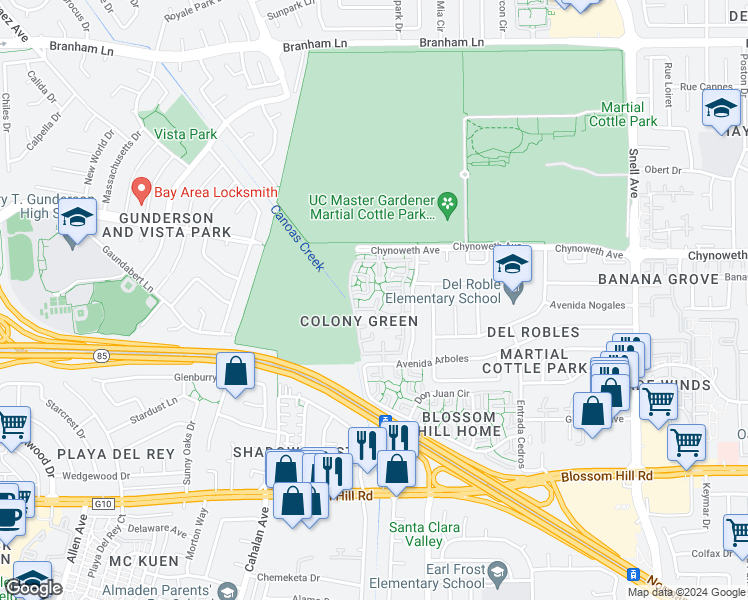 map of restaurants, bars, coffee shops, grocery stores, and more near in San Jose