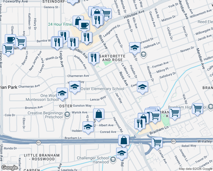 map of restaurants, bars, coffee shops, grocery stores, and more near 4192 Camden Avenue in San Jose