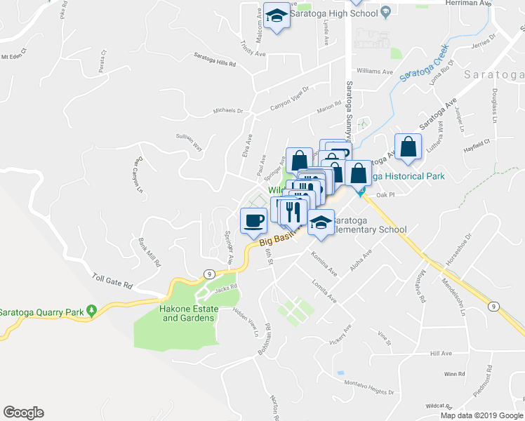 map of restaurants, bars, coffee shops, grocery stores, and more near 20812 4th Street in Saratoga