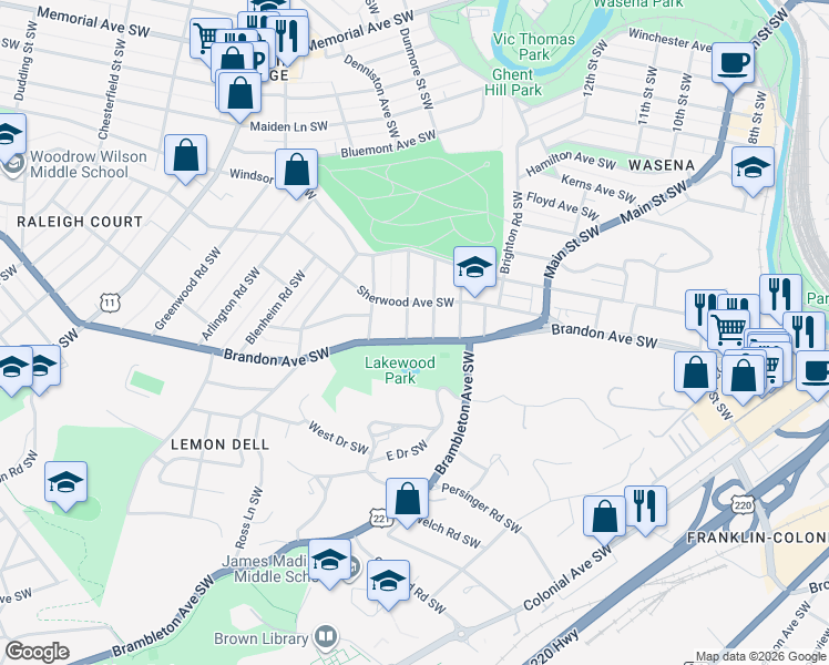 map of restaurants, bars, coffee shops, grocery stores, and more near 1928 Warrington Road Southwest in Roanoke