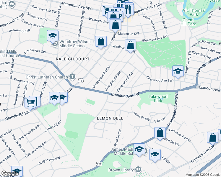 map of restaurants, bars, coffee shops, grocery stores, and more near 1906 Arlington Road Southwest in Roanoke