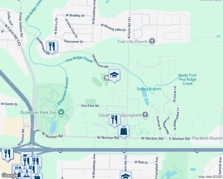 map of restaurants, bars, coffee shops, grocery stores, and more near 3319 North Grant Avenue in Springfield