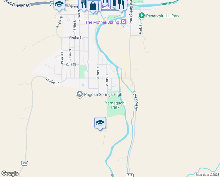 map of restaurants, bars, coffee shops, grocery stores, and more near 658 South 5th Street in Pagosa Springs