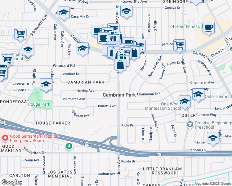 map of restaurants, bars, coffee shops, grocery stores, and more near 14553 Union Avenue in San Jose